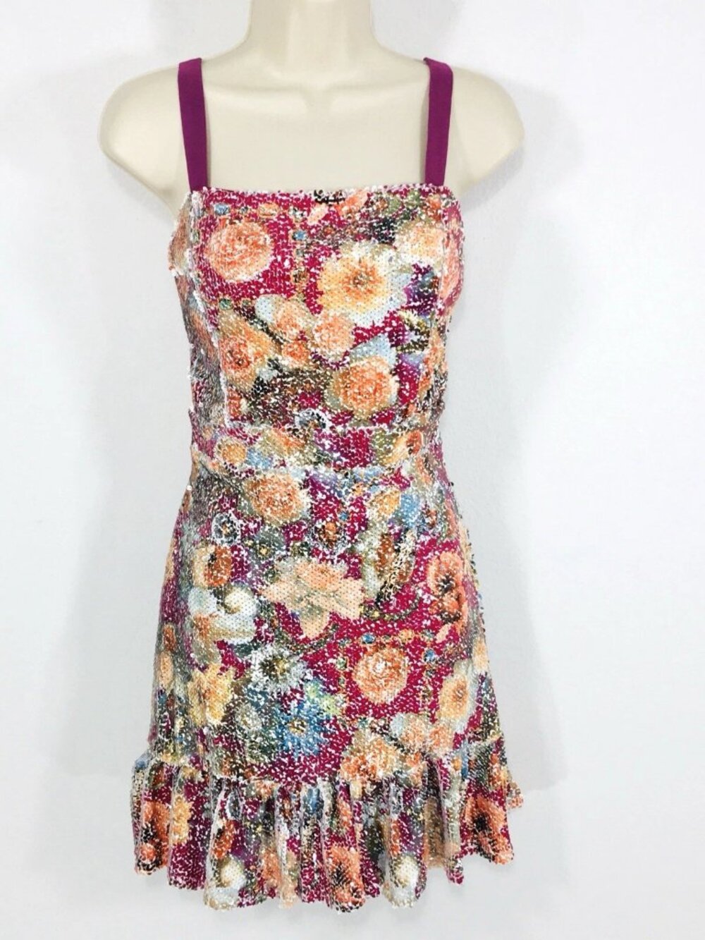 Aqua Pink Floral Sequin Mini Dress Sz S Ruffle Hem Fairycore Whimsy